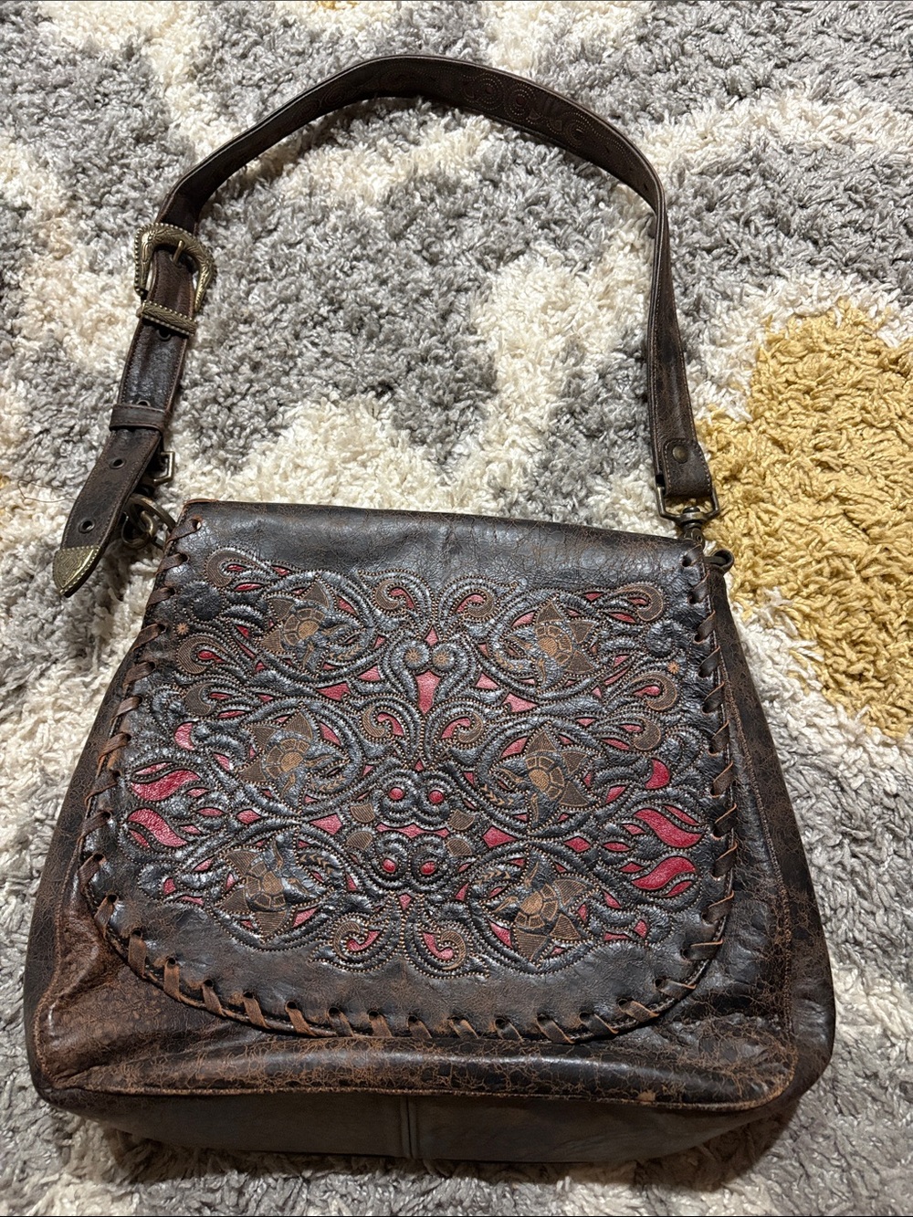Artisan Brown Leather Shoulder Bag with Red Inset Detailing